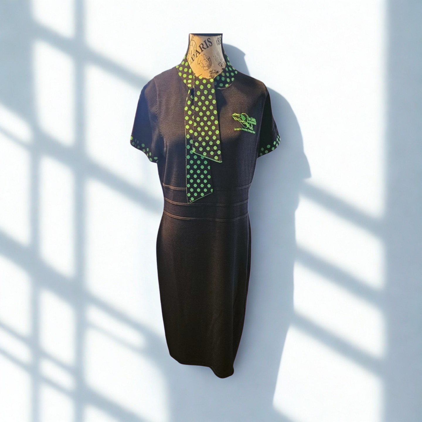 Black Dress - Green/White Polka Dot Tie